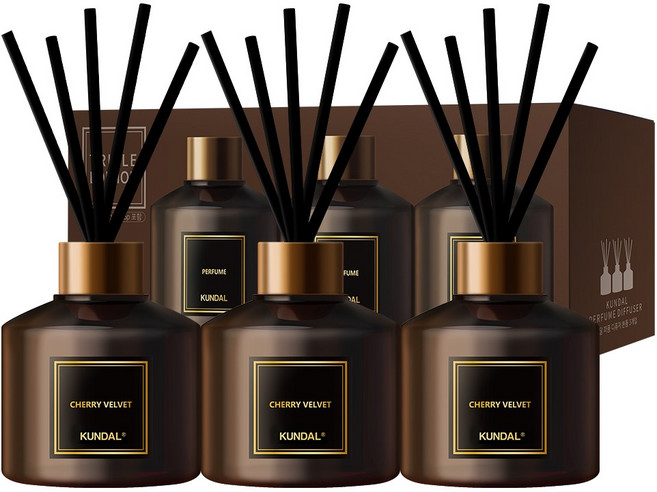 쿤달 퍼퓸 디퓨저 200ml 3개 + 섬유스틱 15개 체리벨벳향, 체리벨벳