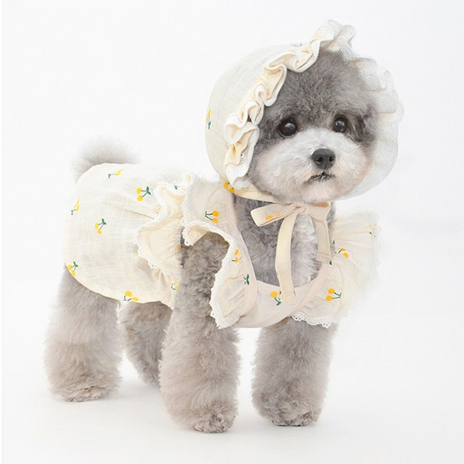 강아지 몸빼바지 해충방지옷 몸빼 촌캉스룩 원피스 여름옷, 노란 앵두, M(노란 앵두 프릴 원피스), S(모자)