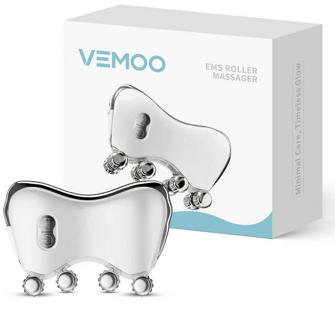 VEMOO EMS 얼굴 마사지기 리프팅 기기 온열 진동 롤러 LED 피부관리기 V라인 탄력 홈케어, 화이트, S101-W