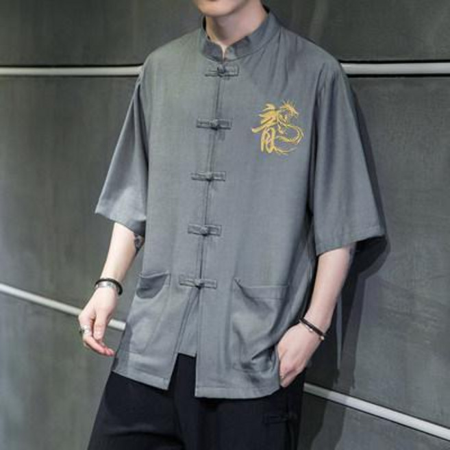 中國風男裝 亞麻襯衫 中式唐裝 棉麻七分袖襯衣 夏季立領上衣