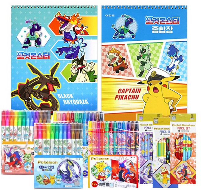 포켓몬스터 4종 세트 연필+종합장+색연필+싸인펜 신학기 준비물 선물, 1세트, 본제품