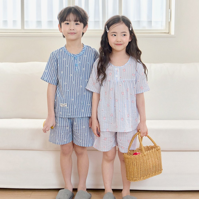 투위 코튼엠보 인견 면 여름 가족잠옷 아동주니어 무형광 커플파자마