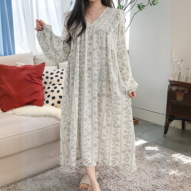 베러브라이트 여자 감성 홈웨어 긴팔 원피스 파자마