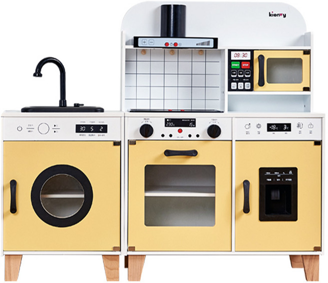[냉장고제외]키앤비 물나오는 테라피 원목 주방놀이+싱크대 세트, 버터옐로우, 1개
