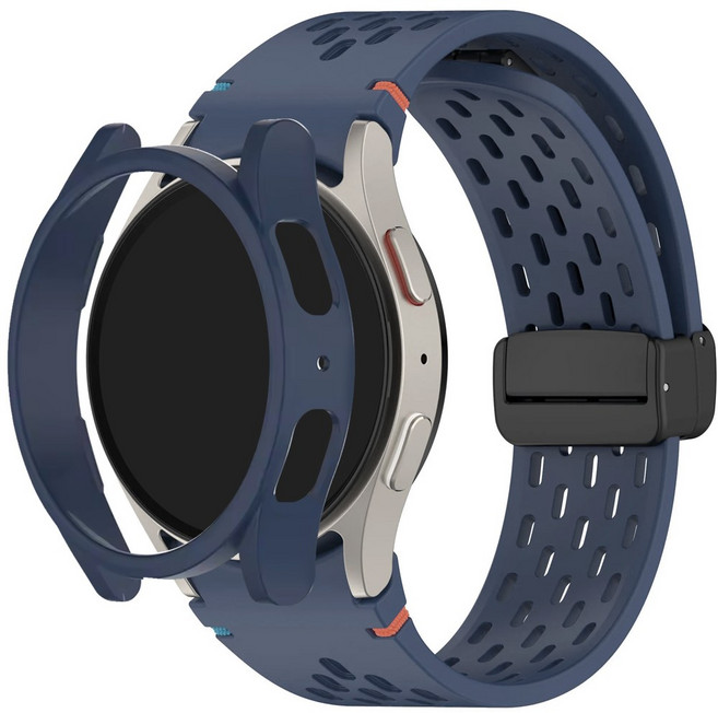 미소피아 갤럭시워치 7 6 5 4 호환 D버클 마그네틱 에어홀 타공 실리콘 스포츠밴드 케이스 세트 시계줄, 워치6 44mm, 네이비세트, 1개