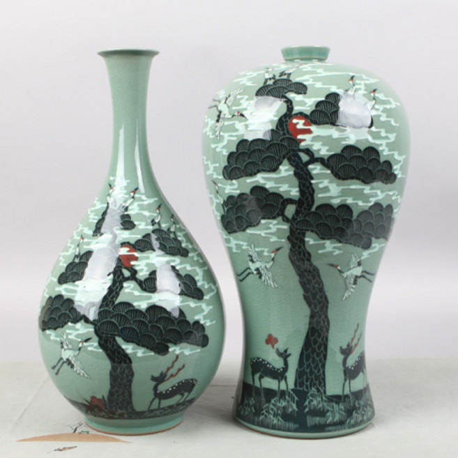 청자 장생도 매주병세트 대 전통 공예 장식 도자기