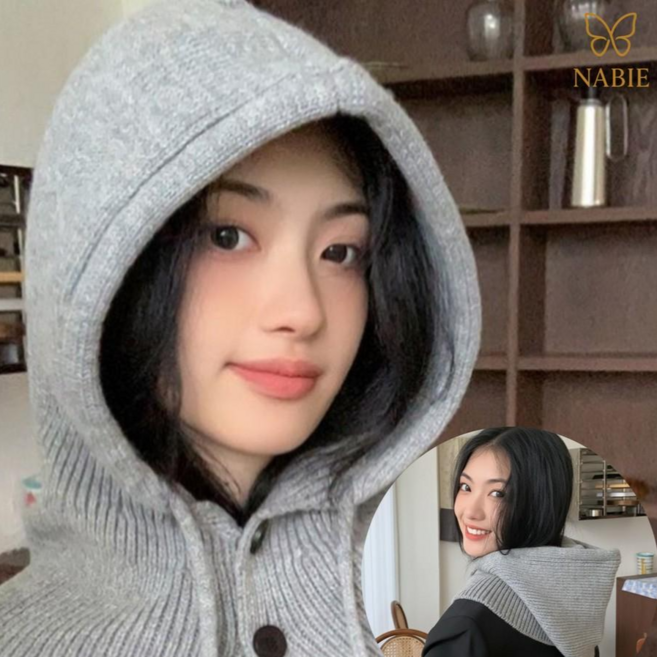 나비에 여성 니트 겨울모자 넥워머 후드 바라클라바, 웜그레이(Gray)1개, 1개