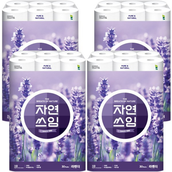 더 도톰한 자연쓰임 무형광 라벤더 화장지 30m 30롤 총 4팩 120롤, 4개