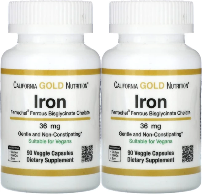 캘리포니아 골드 뉴트리션 Ferrochel Iron 비스글리시네이트 36mg 90캡슐 2팩, 2개, 90정 - 쿠팡