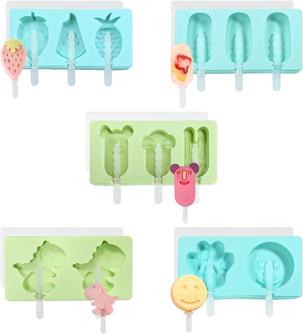 5개 세트 3구 실리콘 아이스크림틀 샤베트 만들기 몰드 아이스크림 틀 패키지 아이스 트레이 과일 아이스바 만들기틀 파인애플 실리콘틀 얼음 얼음틀 캔디기 막대 냉동 아이스크림통, 혼합색상, 1세트