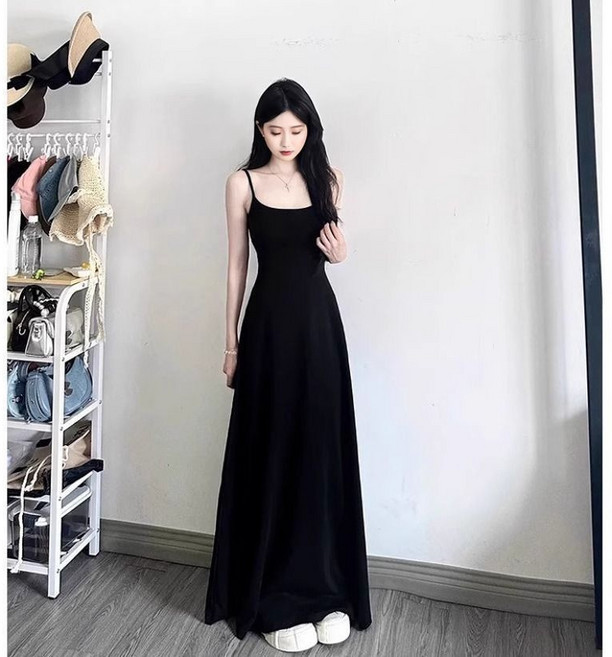 DFMEI 胖mm大碼黑色夏季新款法式吊帶連衣裙子女氣質顯瘦長裙