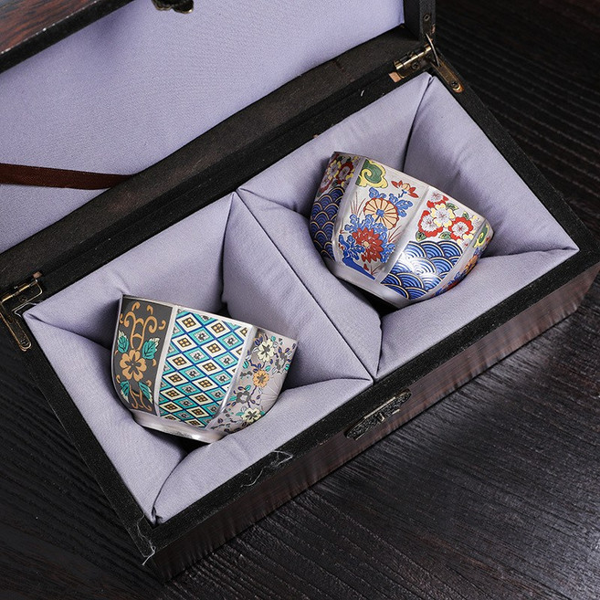 鎏銀陶瓷主人單杯 日式琺瑯彩品茗茶盞 家用茶具茶碗禮盒裝, 1個, 1L, 八方來財兩杯裝:100ml-160ml