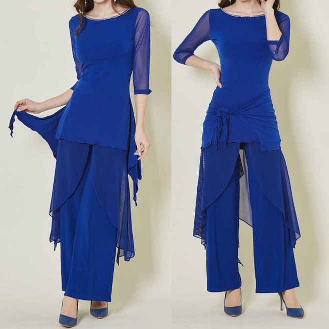 소매망사 A라인 꼬리 롱 블라우스 밸리댄스 라인댄스 스포츠댄스 취미댄스 무대댄스복 엉덩이커버 보석블라우스 핫픽스 블링 폴댄스복 사교댄스복 성인댄스복, 블루