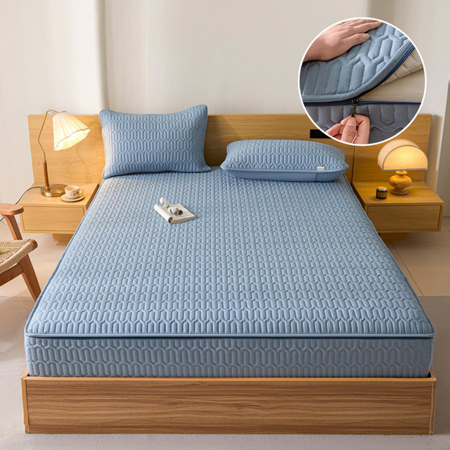 지퍼형 6면 누빔 매트리스커버 전면 탈부착 라텍스 메모리폼 토퍼커버 S/SS/Q/K 10cm 20cm 25cm, 150x200x10cm, 라이트블루