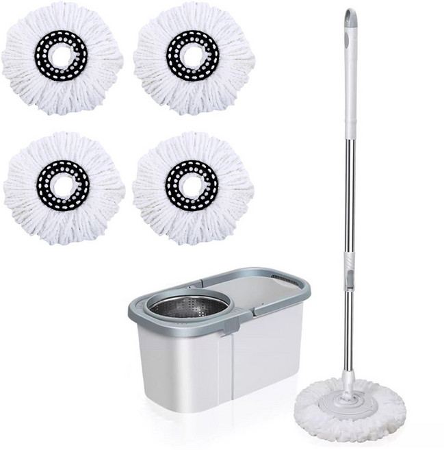 라라공방 대걸레 통돌이 밀대 + 극세사걸레 4장 바닥청소 스텐통 회전 탈수기, 1세트