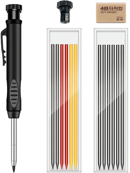 내장형 샤프너가 있는 견고한 목수용 연필 세트 깊은 구멍 표시 도구 정밀 작업용 자동 연필 드로잉 리드, 02 Black Set