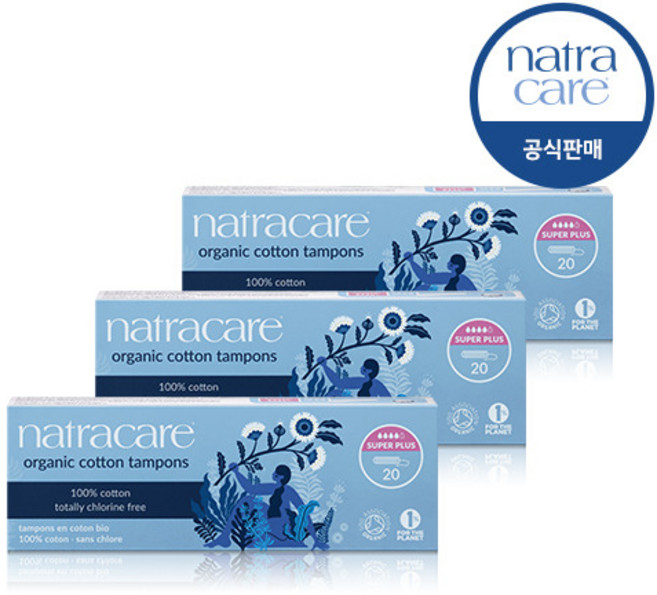 나트라케어 순면 흡수체 탐폰 논 어플리케이터, 슈퍼 플러스, 20개입, 3개
