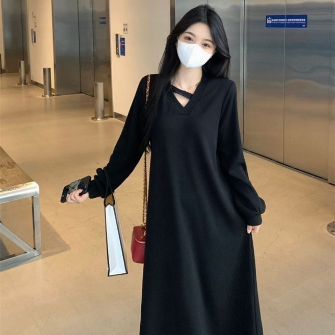 임산부 원피스 봄 가을 캐주얼 긴팔 임부 원피스 루즈핏 브이넥 원피스 심플 임부복 CY