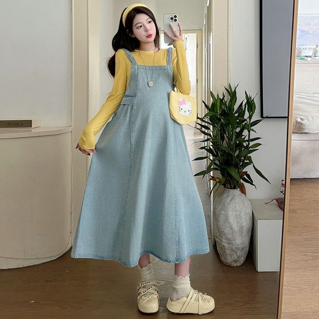 임산부 스커트 투피스 세트 봄 가을 임부 긴팔티 + 데님 롱 뷔스티에 원피스 캐주얼 패션 세트 JS