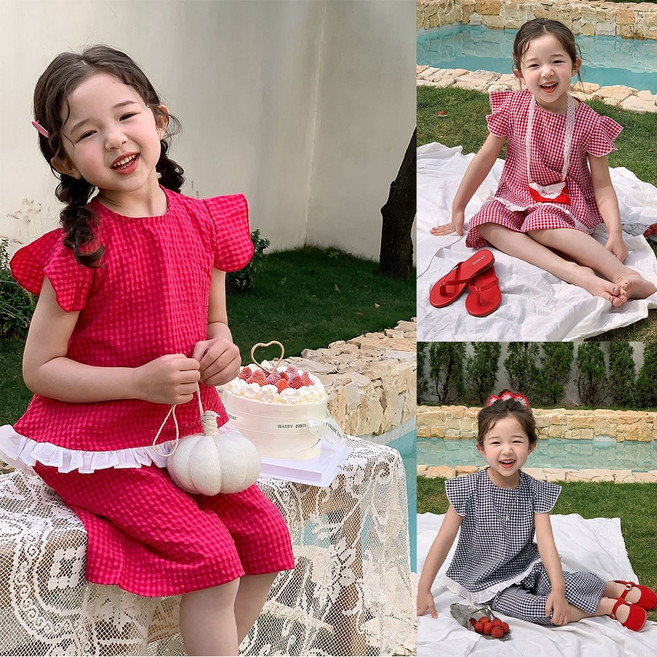 여누키즈 여름 체크 셔링 상하복 여아 상하세트 키즈 주니어 초등 평상복 여행룩 반팔 반바지