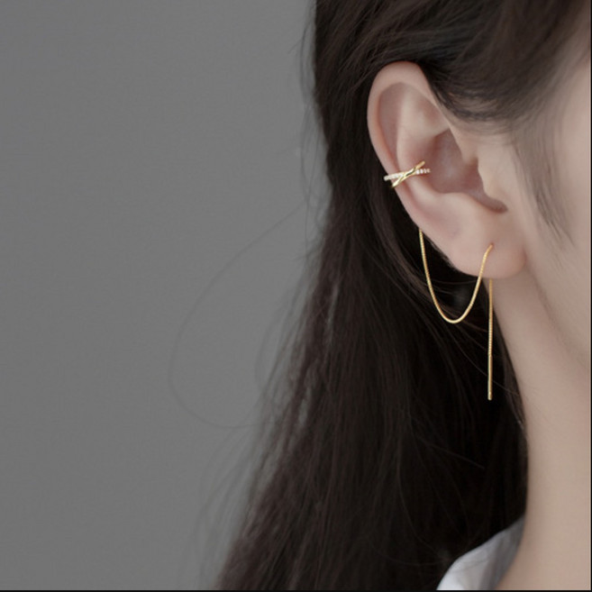 [925 Silver][2 color] 델리아 이어 커프 체인 드롭 귀걸이 큐빅 블링 달 이어링 페이크 은 귀 클립