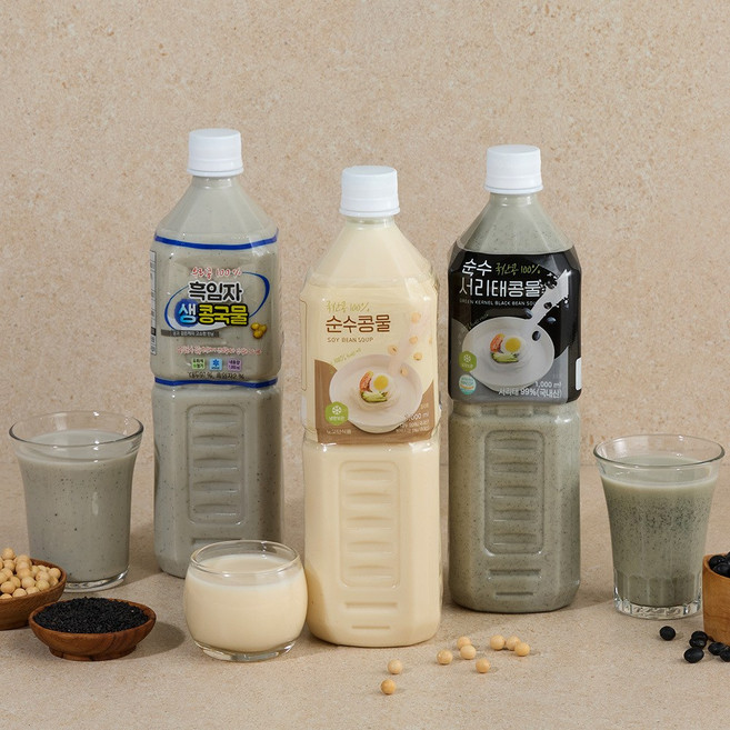 국산콩 100% 프리미엄 콩물 3종 HACCP 무설탕 무첨가물 진한 콩국물 두유 건강음료 여름별미, 순수1L 2병, 1L