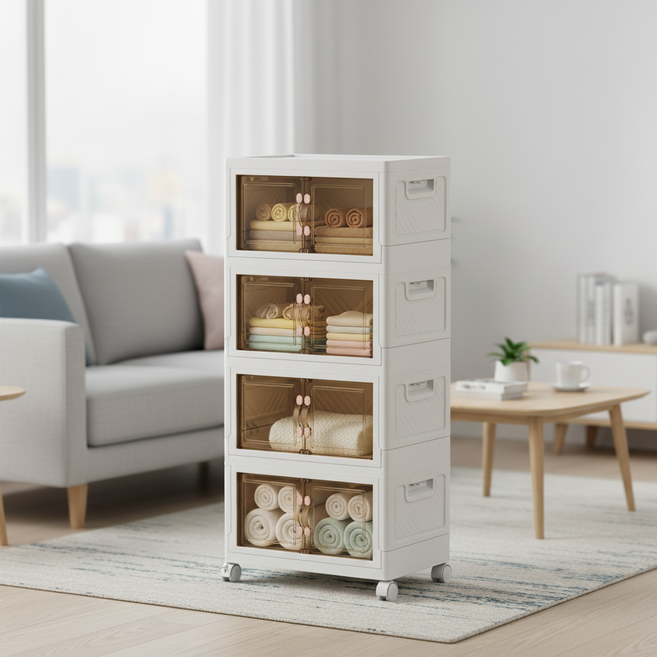 리빙코아 프리미엄 대용량 다용도 접이식 폴딩 리빙박스, 4개, 화이트