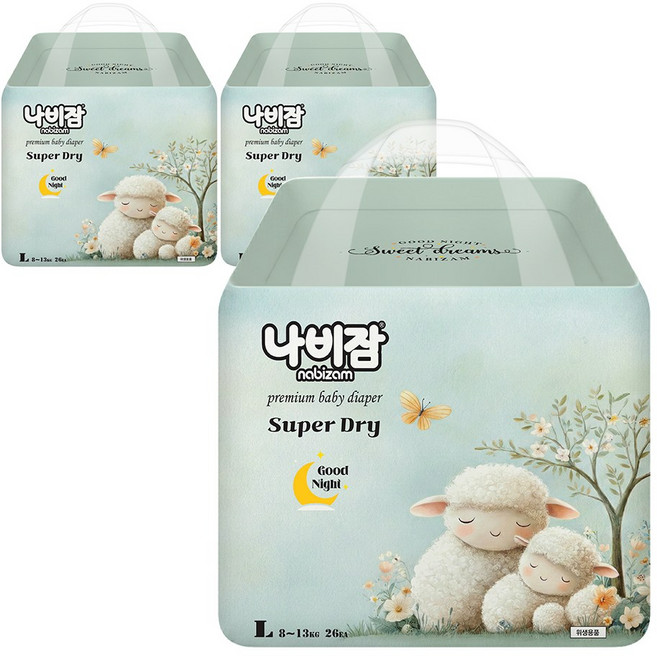 나비잠 기저귀 슈퍼드라이 오버나이트 팬티 3팩, 78매, 대형(L)