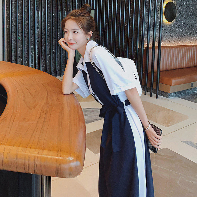 vsyoy 헵번 스타일 드레스 2021 여름 새로운 하이 엔드 슬림 기질 허리 롱 드레스 레트로 콘트라스트 셔츠 스커트