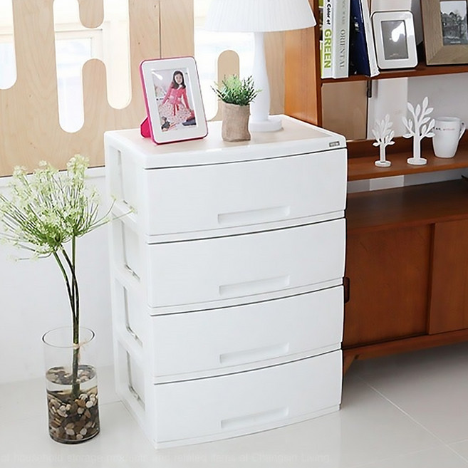 플라우드 4단 서랍장60cm 화이트색상 우드상판 플라스틱수납장