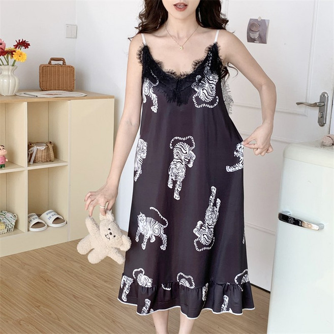 M~4XL 빅사이즈 여자잠옷원피스 쿨 아이스 캡내장 노메이커 홈웨어 파자마 나시원피스