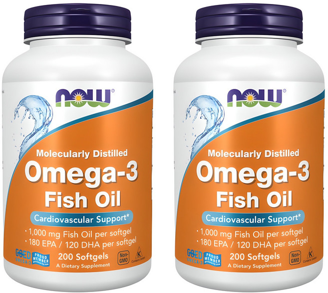 NOW Foods Omega-3魚油軟膠囊 1000mg, 200錠, 2個