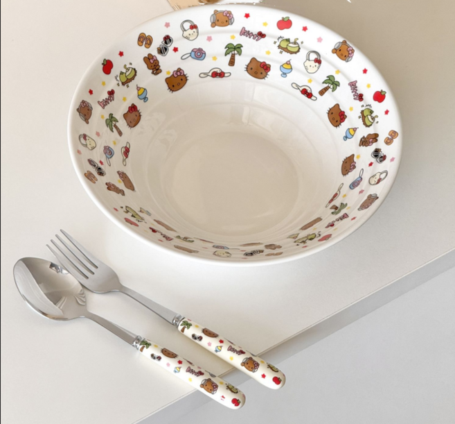 큐티 키티 패턴 세라믹 볼 면기 라면 그릇, 1개, 태닝 키티 + 스푼 포크 세트