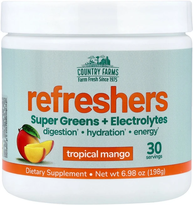 Country Farms Refreshers Super Greens + Electrolytes Tropical Mango 6.98 oz 198 g, Country Farms, Refreshers, Sup, 1개, 198g - 쿠팡