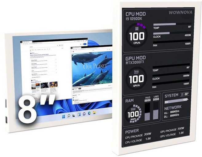 WOWNOVA 20.3cm8인치 LCD 스크린 내부 PC 케이스 스크린 데스크톱 모드 추가 1 클릭 1 케이블 컴퓨터 온도 디스플레이 모니터 스크린 포함 내부 PC 케이스용, 화이트