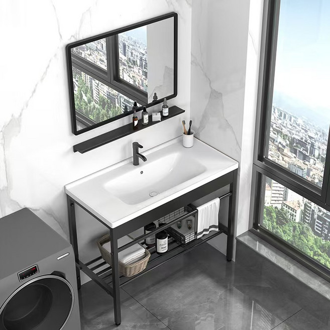 YAPOGI 두꺼운 스테인리스 스탠드 일체형 세라믹 세면기, 블랙