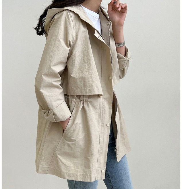 욱스타일 여성 봄 루즈핏 케이프 후드 야상 사파리 점퍼 자켓 스트링 안감 홑겹 바람막이 아우터