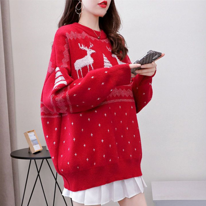 TKX 여성용 크리스마스 루즈핏 니트 스웨터 겨울 긴팔 라운드 레트로 오버핏