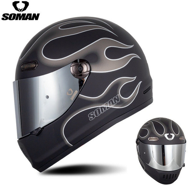 soman H9 全罩式復古安全帽 DOT/ECE認證, BLACK SILVER FLAME