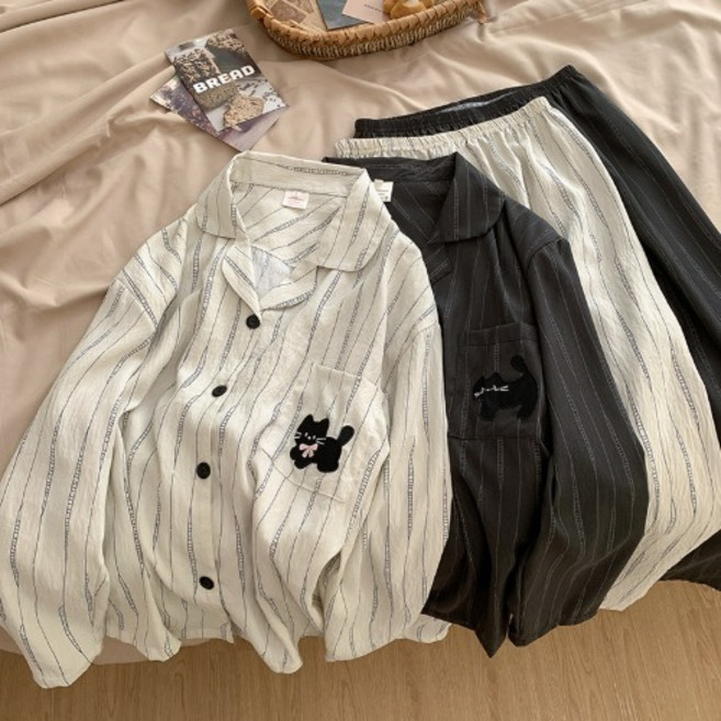 커플요루면 파자마 스트라이프 고양이 잠옷세트 남자블랙 여자아이보리 (오늘출발)