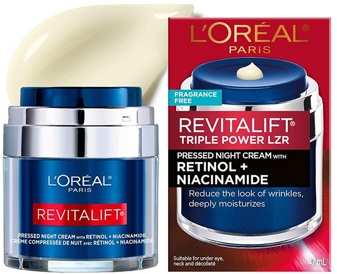 로레알 L'Oreal Paris Revitalift 프레스드 나이트 크림 레티놀 나이아신아마이드 눈에 띄게 얼굴 눈 아래 목 가슴에 수분 공급 피부과 테스트 완, 47ml, 1