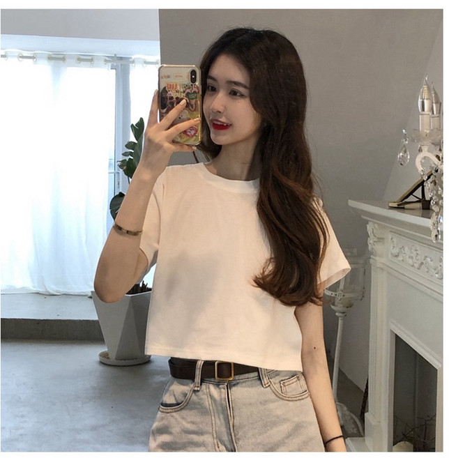 短版上衣 圓領 短袖 素色 露肚臍 寬鬆 女裝