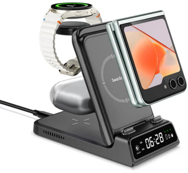 스완스카우트 703F 갤럭시 Z플립 전용 3in1 무선충전기 접이식 충전 거치대 워치+이어폰 동시충전 갤럭시S 시리즈 호환 디지털 시계 표시, 1개, 블랙