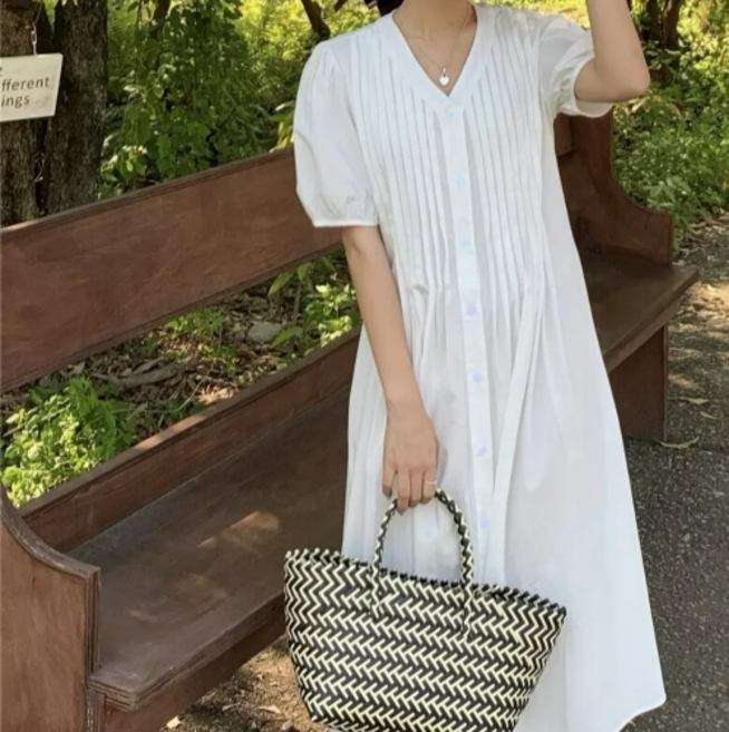 쩐쿠 여성 여름 러블리 셔링 디테일 퍼프소매 셔츠형 롱원피스 K0349