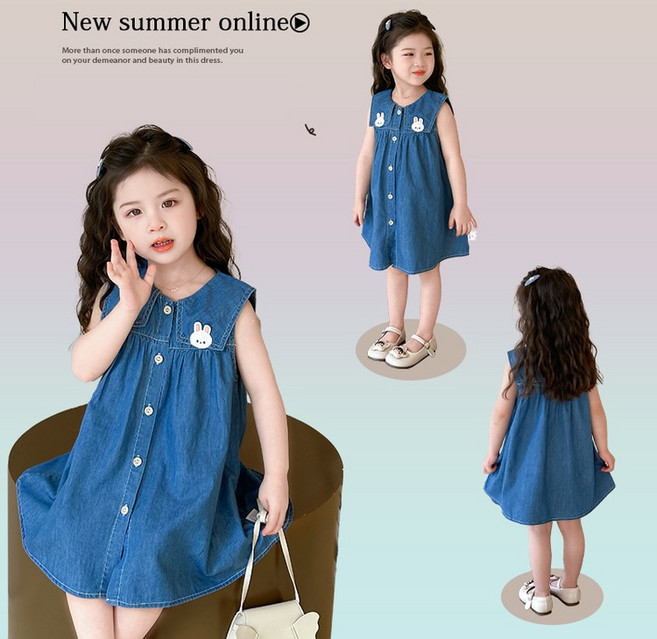 AD1179여아 키즈 주니어 봄 여름 가을 고퀄 코튼 면혼방 데님 청 민소매 카라넥 미디 워싱 원피스 주름 토끼 A라인 베이직 청치마 치마 데일리 아동복