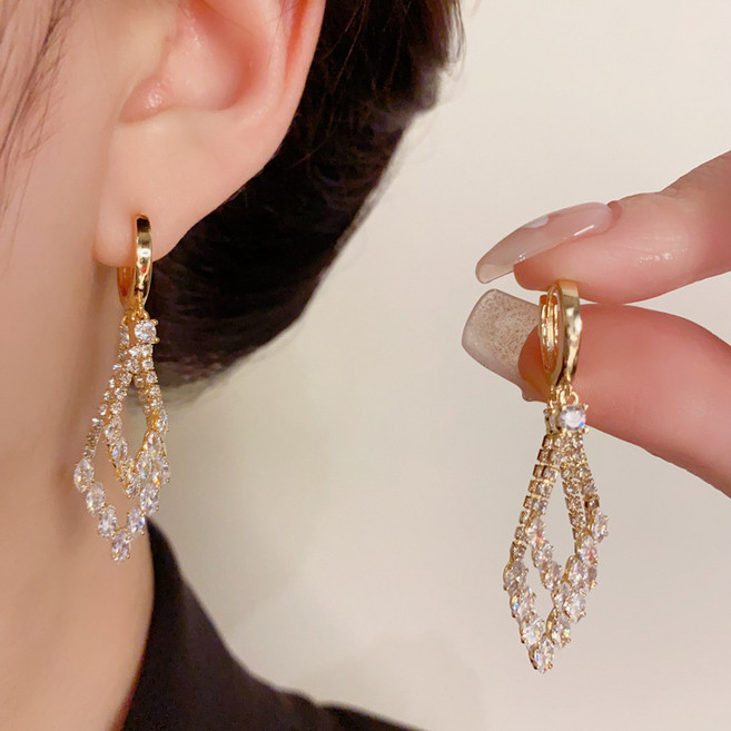 풀 큐빅 더블 레이어 마름모 귀걸이 - 두꺼운 14K골드 도금