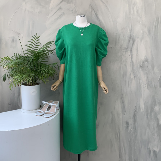 행복여 애플 셔링 퍼프 소매 원피스