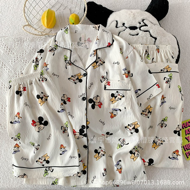 3피스 세트 만화 귀여운 자가 조절 곰 잠옷 여성 여름 반팔 긴 바지 구름 면2025새로운 스타일의 홈웨어