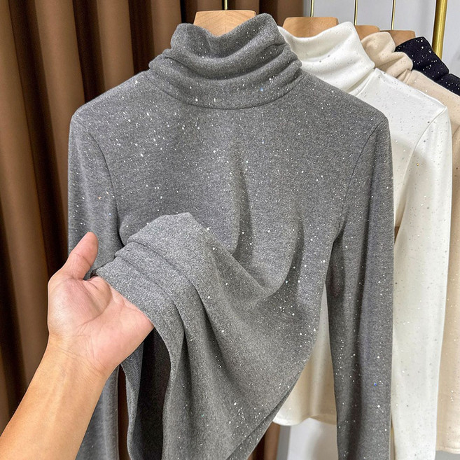 MOSAIRATION 여성 하이넥 은은한 글리터 포인트 슬림핏 데일리 긴팔 티셔츠 U02012820