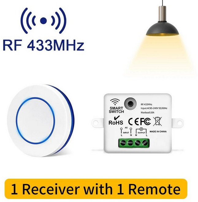무선원격제어기 무선스위치 RF 433MHz 무선 조명 스위치 220V 110V 10A 릴레이 수신기 LED 램프에 대 한 미니 라운드 버튼 벽 패널 원격 제어, 02 1 Receiver 1 Remote, 1개